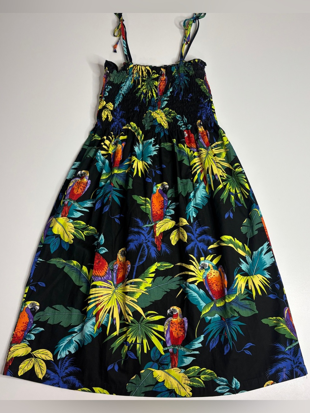 Puanani Hawaiian Tropical Parrot Dress Boho Resort Vacation Smocked Midi L